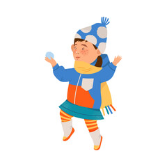 Freckled Girl in Warm Winter Clothing Playing Snowball Fight Vector Illustration