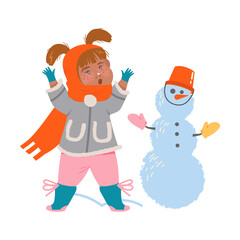 Little Girl in Warm Scarf and Gloves Building Snowman Vector Illustration