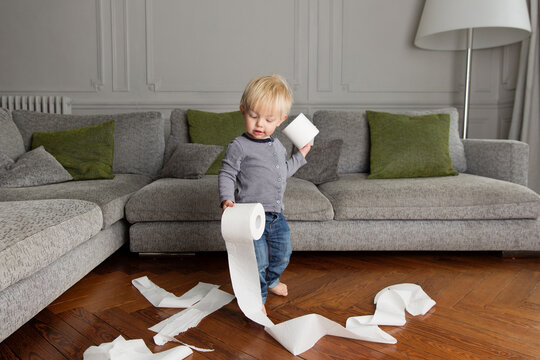 Funny Toddler Making Mess With Toilet Paper In Living Room