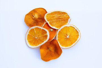 Sliced dry oranges on white background.