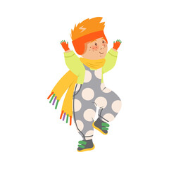 Cheerful Boy Walking and Enjoying Winter Holiday Vector Illustration