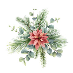 Fototapeta na wymiar Watercolor vector Christmas bouquet with fir branches, poinsettia and eucalyptus.