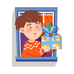 Cheerful Boy in the Window Giving Wrapped Gift Box to Somebody Vector Illustration