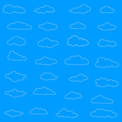 Outline cloud icons set isolated on blue background. Collection of different black clouds. Cartoon contour icons for web site, background template, wallpaper and sky design. Clouds thin line vector