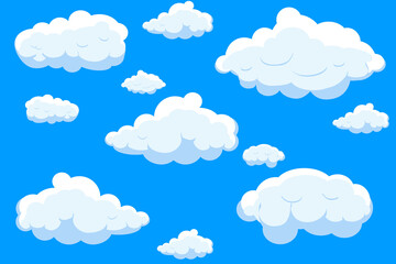 White cartoon clouds set isolated on blue background. Collection of different cartoon clouds for background template, wallpaper and sky design. Cartoon clouds vector. Sky illustration