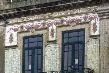 detail of one of the 800 tiled facades with geometric azulejos identified in Ovar, Aveiro district,...