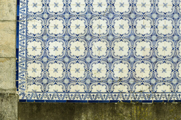 detail of one of the 800 tiled facades with geometric azulejos identified in Ovar, Aveiro district,...