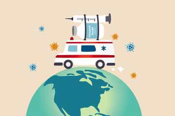 Fototapeta premium COVID-19 vaccine distribution worldwide after approval and ready to ship around the world to protect from Coronavirus concept, ambulance or medical truck carrying COVID-19 vaccine and syringe on globe