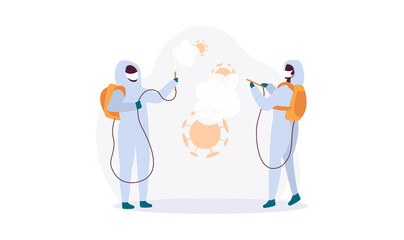 Workers in protective suits disinfect premises against coronavirus. Vector illustration