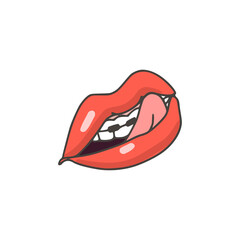 Woman's mouth with red lipstick. Teeth braces. Sensual image. Colored doodle style. Vector hand-drawn illustration. Isolated on white background. For print and web.
