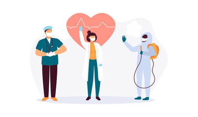 Doctors wearing face masks guard against coronavirus. Vector illustration