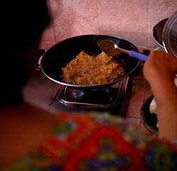 frying pan with tempe. Traditional food from soybean fermentation