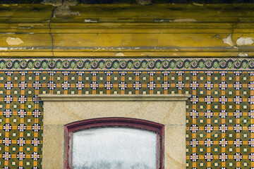 detail of one of the 800 tiled facades with geometric azulejos identified in Ovar, Aveiro district,...