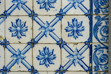 detail of one of the 800 tiled facades with geometric azulejos identified in Ovar, Aveiro district,...