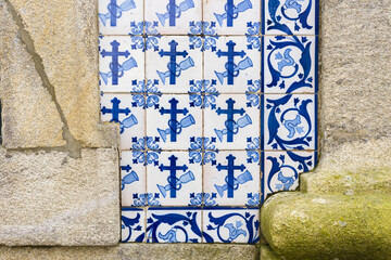 detail of one of the 800 tiled facades with geometric azulejos identified in Ovar, Aveiro district,...