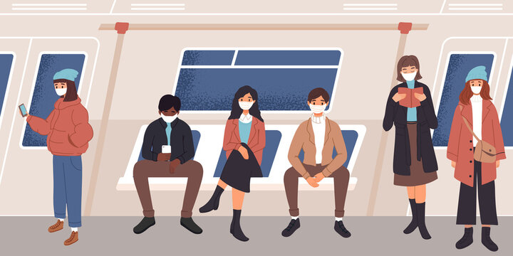 People in train on seat. Public transport, subway, bus. Characters with protective face masks. Social distancing in public place. New normal, pandemic, stop virus. Poster, landing page