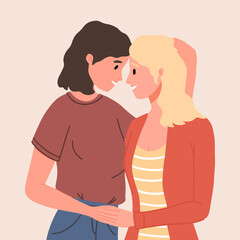 Lesbian female couple hugging, gay couple. Woman hug and kiss. Homosexuality. LGBTQ+ people, lesbians, human rights freedom. Love relationship, romantic date. Valentine's Day.