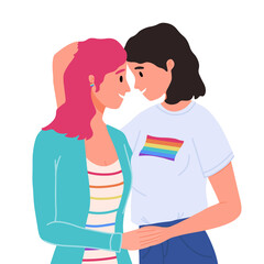 Lesbian female couple hugging, gay couple. Woman hug and kiss. Homosexuality. LGBTQ+ people, lesbians, human rights freedom. Love relationship, romantic date. Valentine's Day.