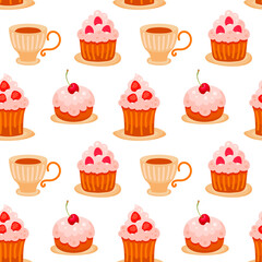 Cute cartoon cupcakes with cream and berries, cups of tea or coffee. Sweet food design concept isolated on white background. Stock vector seamless pattern for bakery wrapping paper, textile print