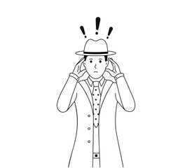 The sad detective holds his head. A man dressed in a suit and hat. Vector illustration of a man who has a headache or is tired isolated on white background. Panic cartoon art