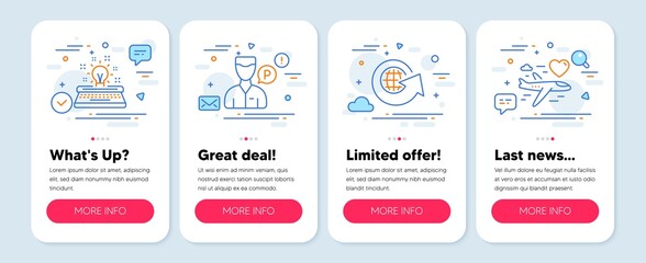 Set of Business icons, such as Typewriter, Valet servant, World globe symbols. Mobile screen mockup banners. Honeymoon travel line icons. Inspiration, Parking man, Around the world. Love trip. Vector
