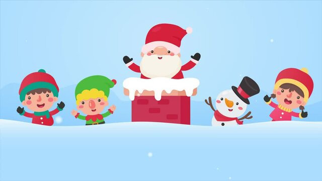 2d animation. Cartoon santa on the chimney and friends on the roof Being so happy in the winter of Christmas.