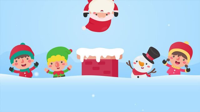 2d animation. Cartoon santa on the chimney and friends on the roof Being so happy in the winter of Christmas.