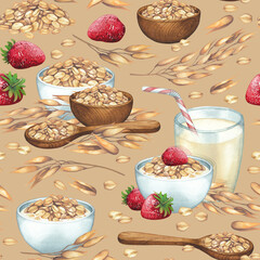 Watercolor glasses of the plant based milk surrounded by bowls of oat, splashes, cereals and strawberries.