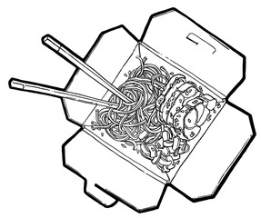 Buckwheat noodles, box, wok, chopsticks, meet, fish . Black and white linear graphic. Ink hand drawing. Asian food.