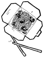 Buckwheat noodles, box, wok, chopsticks, meet, fish . Black and white linear graphic. Ink hand drawing. Asian food.