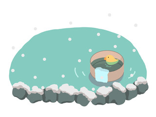 Naklejka premium 雪見露天風呂とアヒルの玩具と風呂桶