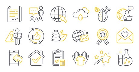 Set of Business icons, such as Refresh like, People chatting, World mail symbols. Incoming call, Spa stones, Hold t-shirt signs. Winner ribbon, Chemistry flask, Document signature. Vector
