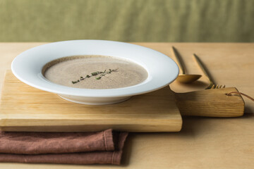 Vegetarian white soup cream of cauliflower. Vegetarian healthy food concept. Top view. Copy space.