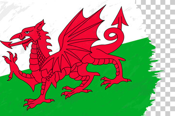 Horizontal Abstract Grunge Brushed Flag of Wales on Transparent Grid.