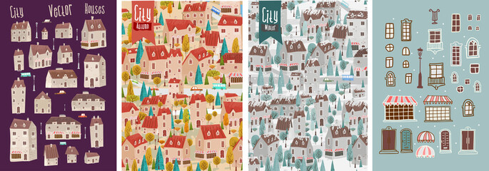 Set of vector illustrations in the Scandinavian style, houses, autumn European city, winter city, elements. Hand drawn tiled roofs of houses. Vector pattern. 