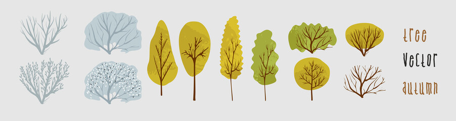 Vector illustration. Autumn and winter deciduous trees. Hand drawn trees doodle set collection,  different trees in scandinavian style.