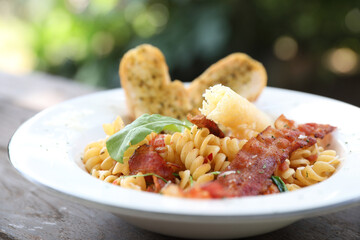 fusilli pasta with bacon italian food