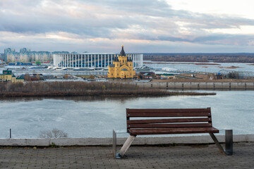 Bench with a view of the Alexander Nevsky Cathedral and the Stadium in Nizhny Novgorod.