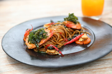 Spaghetti spicy with shrimp , Thai fusion food