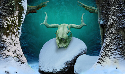 Fantasy forest with skull on snowy rock under broken branches on dark blue winter background. Enchanted place of pagan sorcerer or witch