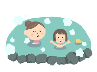 岩風呂と湯けむりと入浴するリラックスした女性と子供