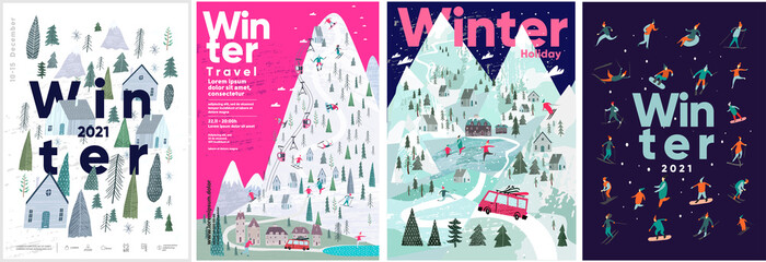 Set of vector illustrations. People in the winter in a hand-drawn Scandinavian style. Winter backgrounds, winter landscape, mountains, forests, ski resort, hotel and vacations.