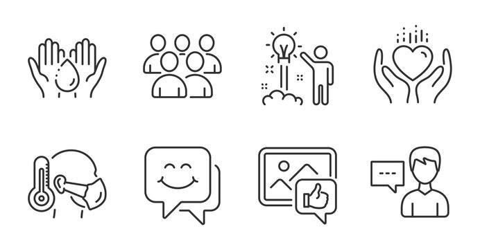Group, Like photo and Creative idea line icons set. Hold heart, Wash hands and Smile face signs. Sick man, Person talk symbols. Developers, Thumbs up, Startup. People set. Quality line icons. Vector
