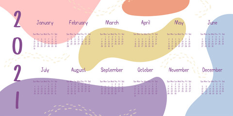 Obraz premium 2021 calendar with abstract shapes on background. Colorful modern calendar with trending colors, monthly planner. Vector flat horizontal illustration. Modern design