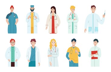 Doctor portrait with male and female hospital staff. Medical worker, healthcare medic and paramedic character as surgeon, physician, nurse, intern vector illustration isolated on white background