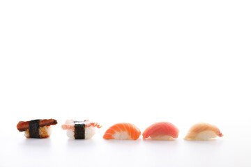 Sushi mix Japanese food sushi salmon tuna octopus eel and sea bass japan local food isolated in...