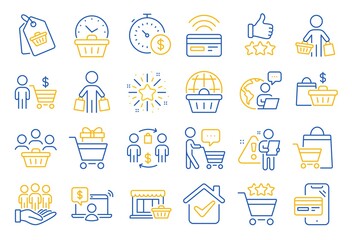 Buyer customer line icons. Contactless payment card, shopping cart and group of people. Store, buyer loyalty card, client ranking set icons. Shopping timer, phone payment, currency. Vector