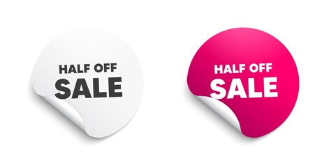 Half off sale. Round sticker with offer message. Special offer price sign. Advertising discounts symbol. Circle sticker mockup banner. Half off sale badge shape. Adhesive offer paper banner. Vector