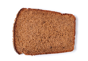 One sliced slice of black rye bread. Lies on a bamboo wooden board. Isolated on a white background. Close-up. View from above.