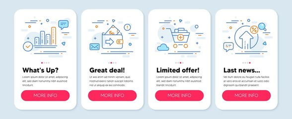 Set of Finance icons, such as Wallet, Graph chart, Add products symbols. Mobile screen app banners. Loan percent line icons. Money payment, Growth report, Shopping cart. Growth rate. Vector